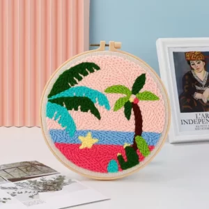 punch needle avec modèle paysage plage et palmier